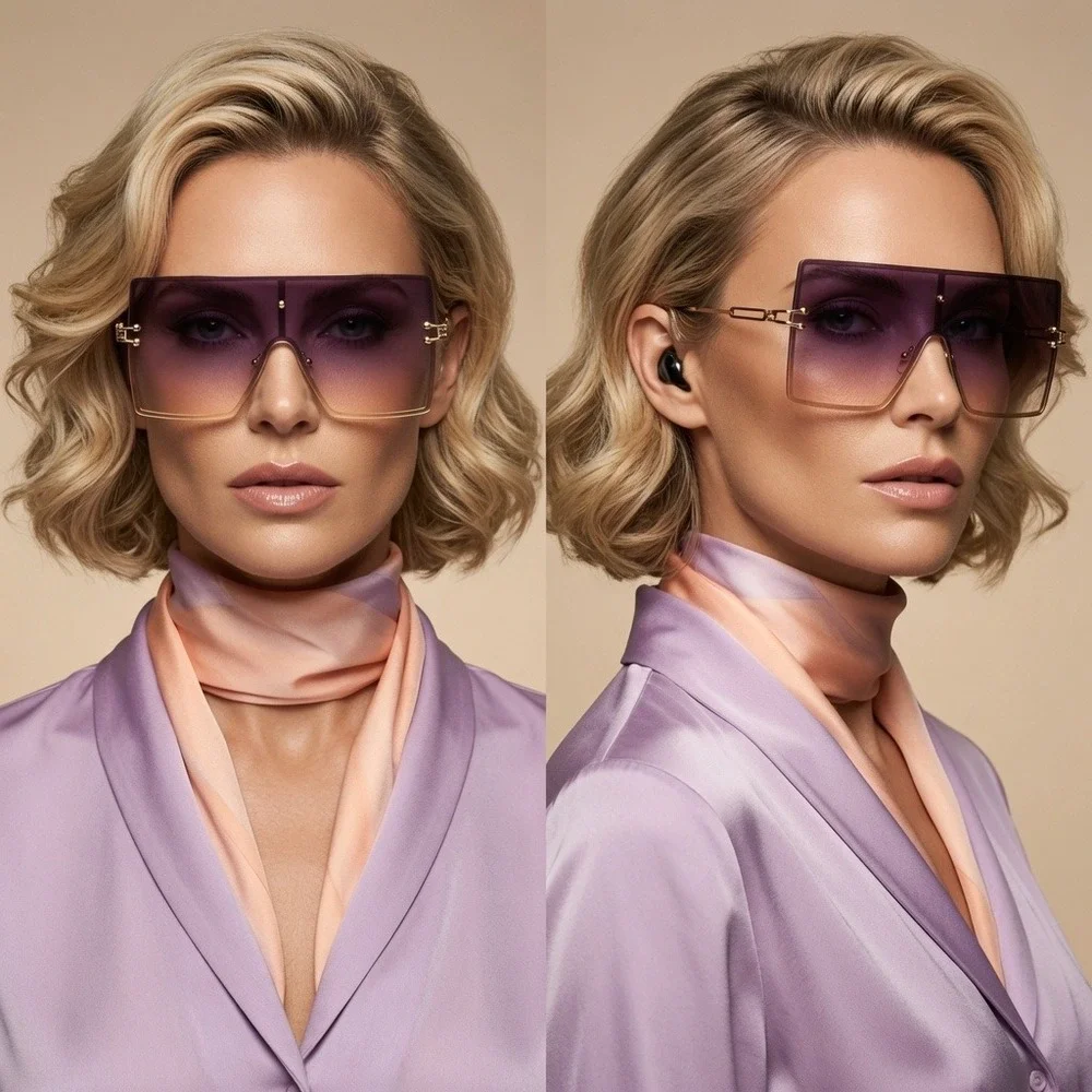 Women Elegant Violet Tinted Geometric Shield Eyewear Boasting Sleek Golden Frame